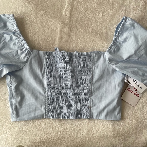 Aritzia Sunday Best Countess Blouse Medium Blue Glimmer Top Shirt puff blouse - Picture 12 of 12